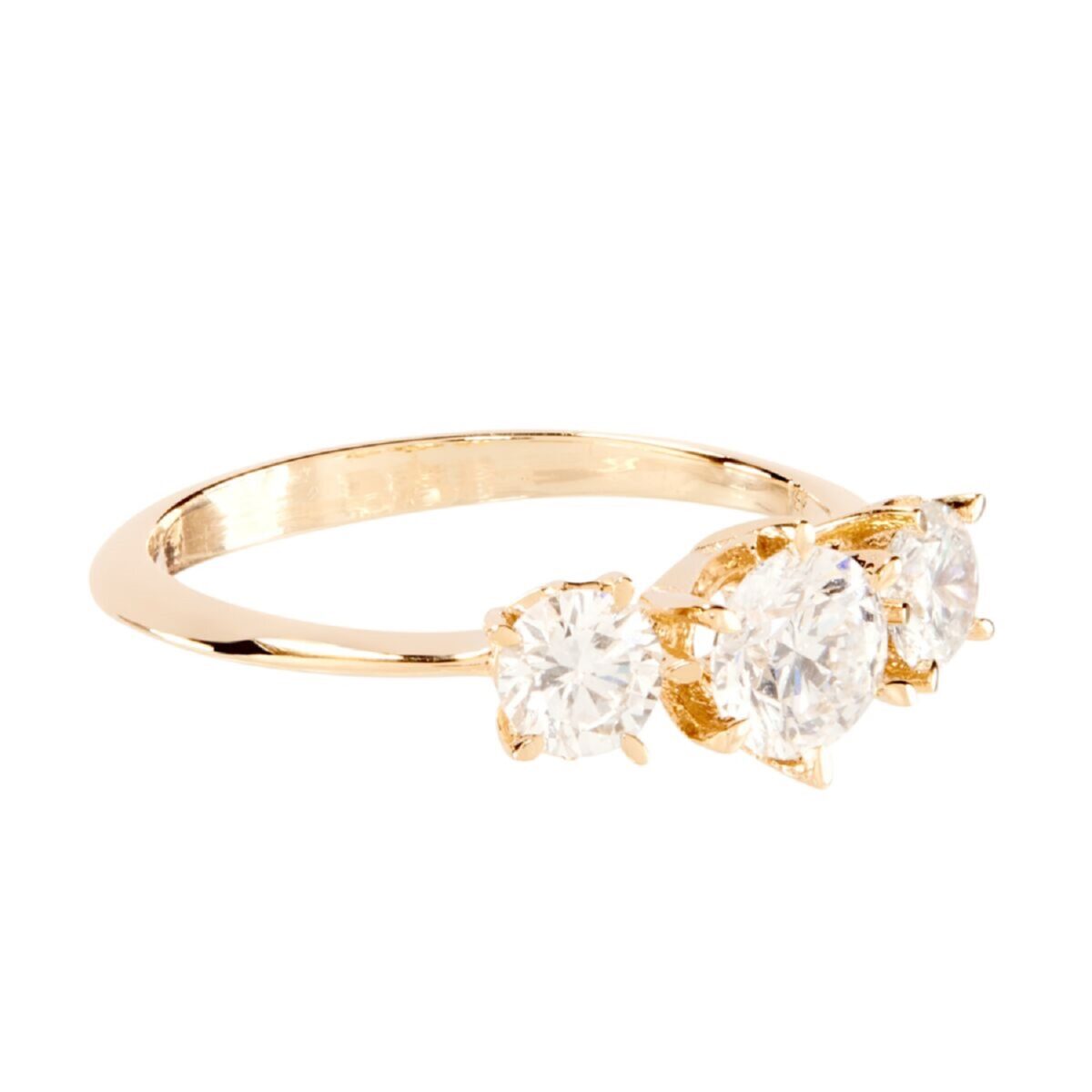 Trinity round cut lab grown diamond ring crafted in 14k yellow gold.