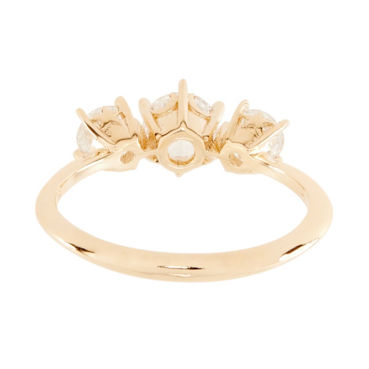 Trinity round cut lab grown diamond ring crafted in 14k yellow gold.