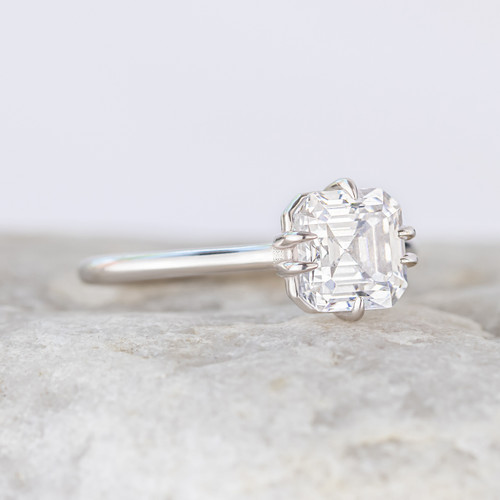 Unique double prong set asscher cut lab grown diamond solitaire dainty ring crafted in 14k white gold.