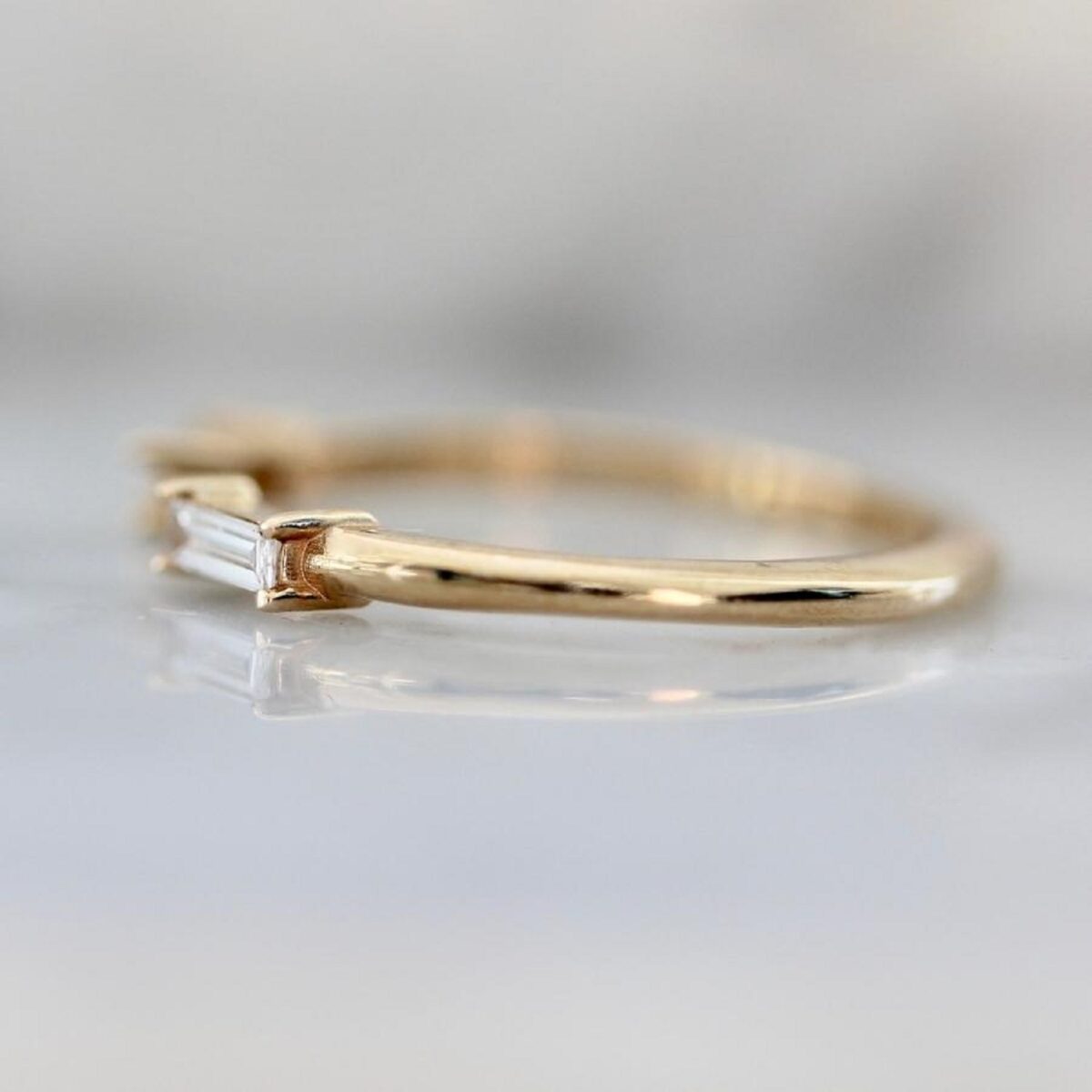 Baguette cut lab grown diamond open gap wedding stackable wedding band crafted in 14k yellow gold