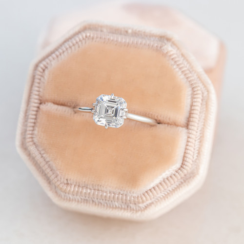 Unique double prong set asscher cut lab grown diamond solitaire dainty ring crafted in 14k white gold.
