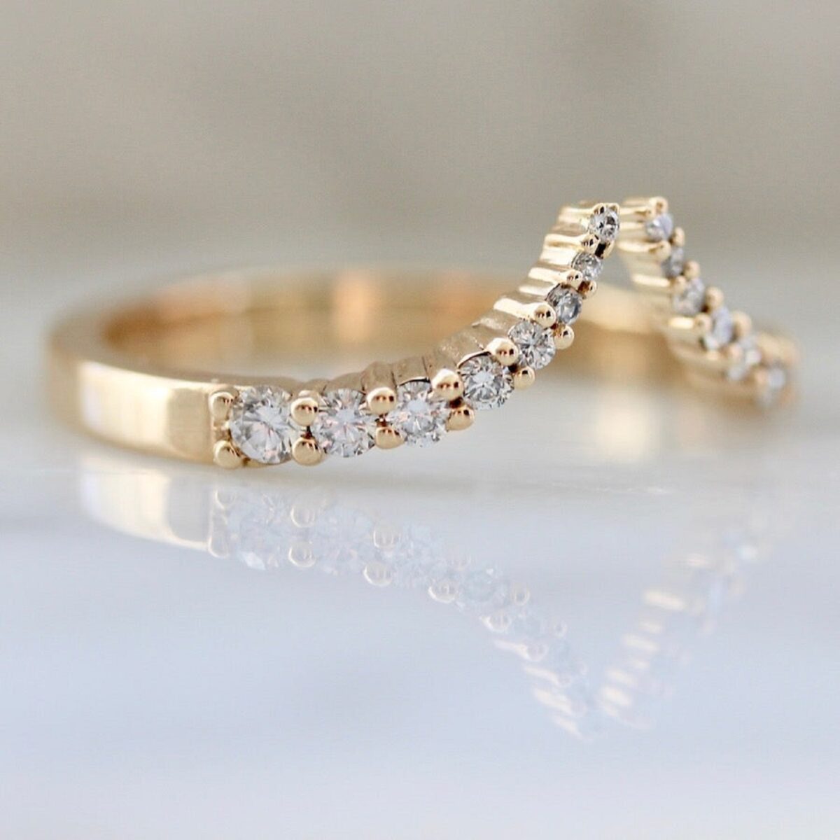 Unique up crown open cuff round cut lab grown diamond stackable band crafted in 14k yellow gold.