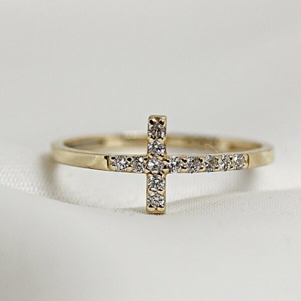 Precious cross shape round cut lab grown diamond religious ring crafted in 14k yellow gold.
