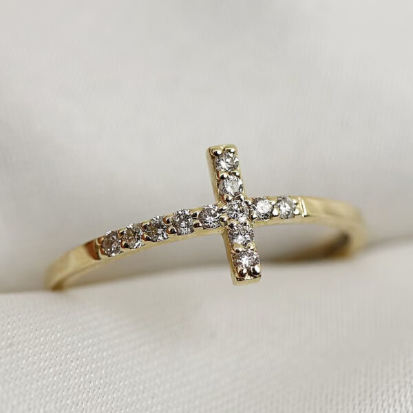 Precious cross shape round cut lab grown diamond religious ring crafted in 14k yellow gold.
