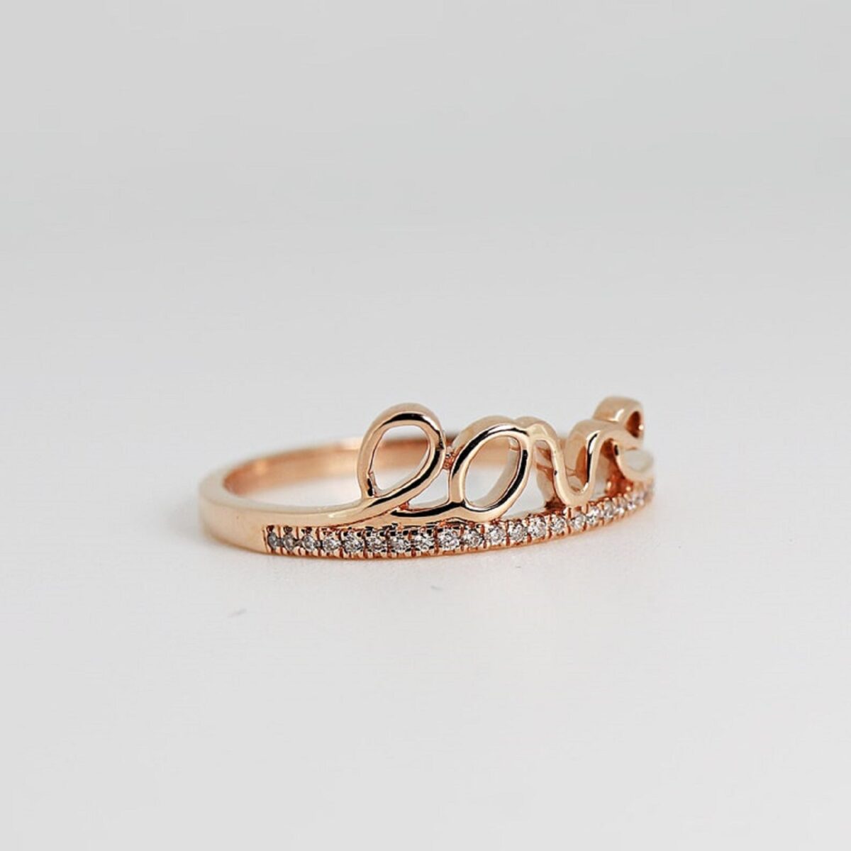"Love" write lab grown diamond statement ring crafted in 14k rose gold