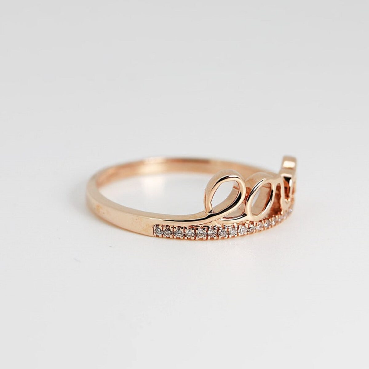 "Love" write lab grown diamond statement ring crafted in 14k rose gold